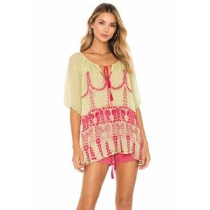 Blue Tassel Anthropologie 100% Silk Embroidered Top Shirt Pastel Yellow Pink S